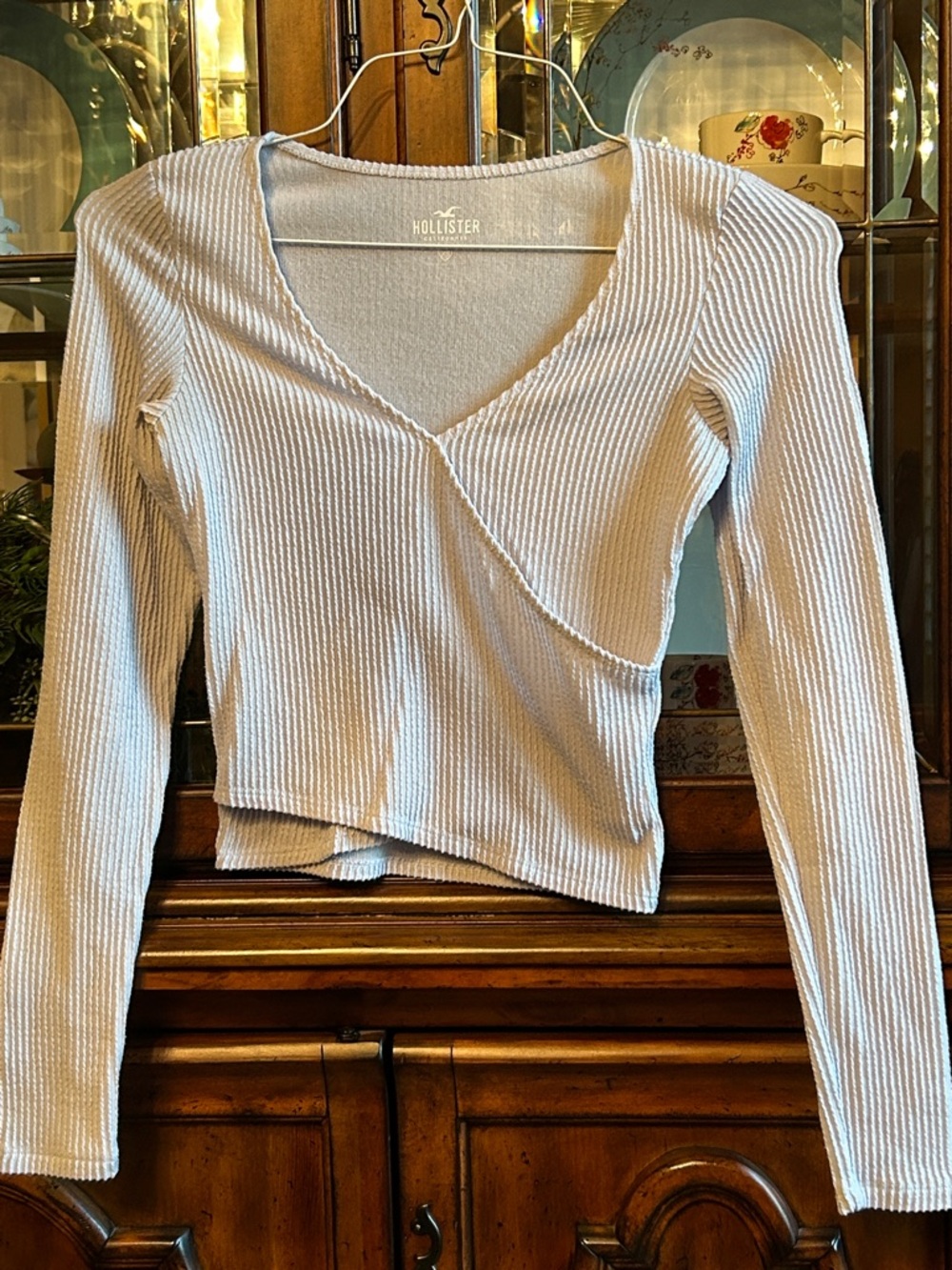 Hollister Women's Light Beige Ribbed Wrap-Front Long Sleeve Top